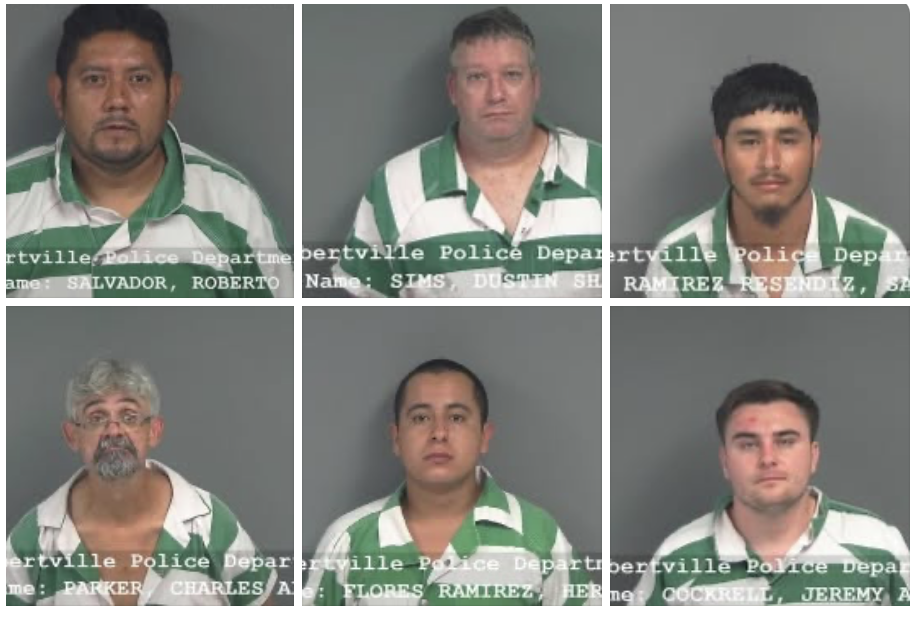 Suspects arrested were, top row, from left: Roberto Salvador, Dustin Shane Sims, Salvador Ramirez Resendiz; bottom row, from left Charles Allen Parker, Hernan Flores Ramirez, and Jeremy Andrew Cockrell.